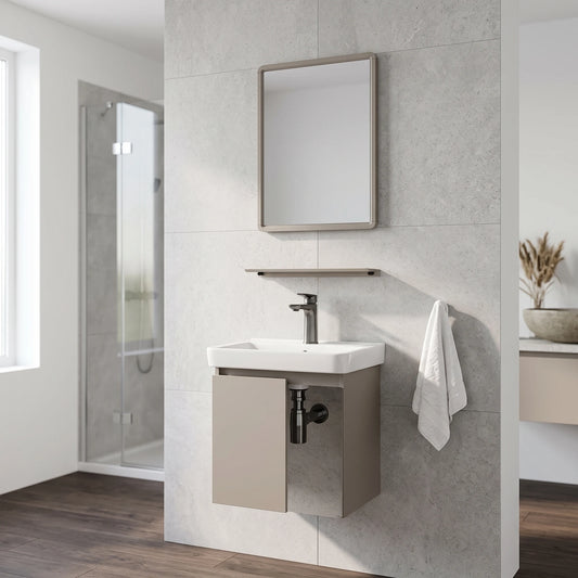 Main Basin Aluminium Cabinet c/w Mirror And Glass Shelf in a room setting