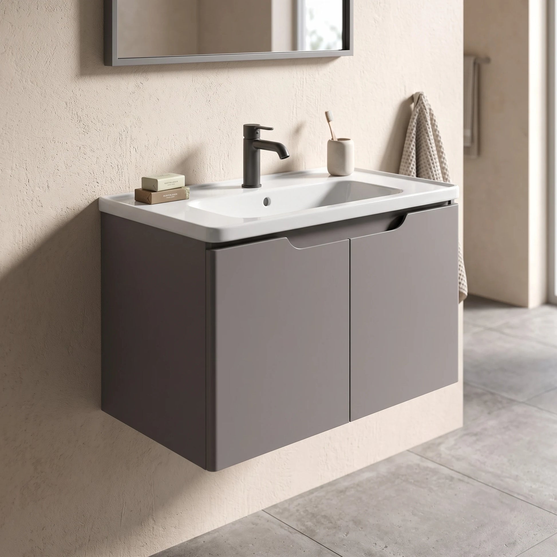 Carbon Steel Basin Cabinet Set in a room setting