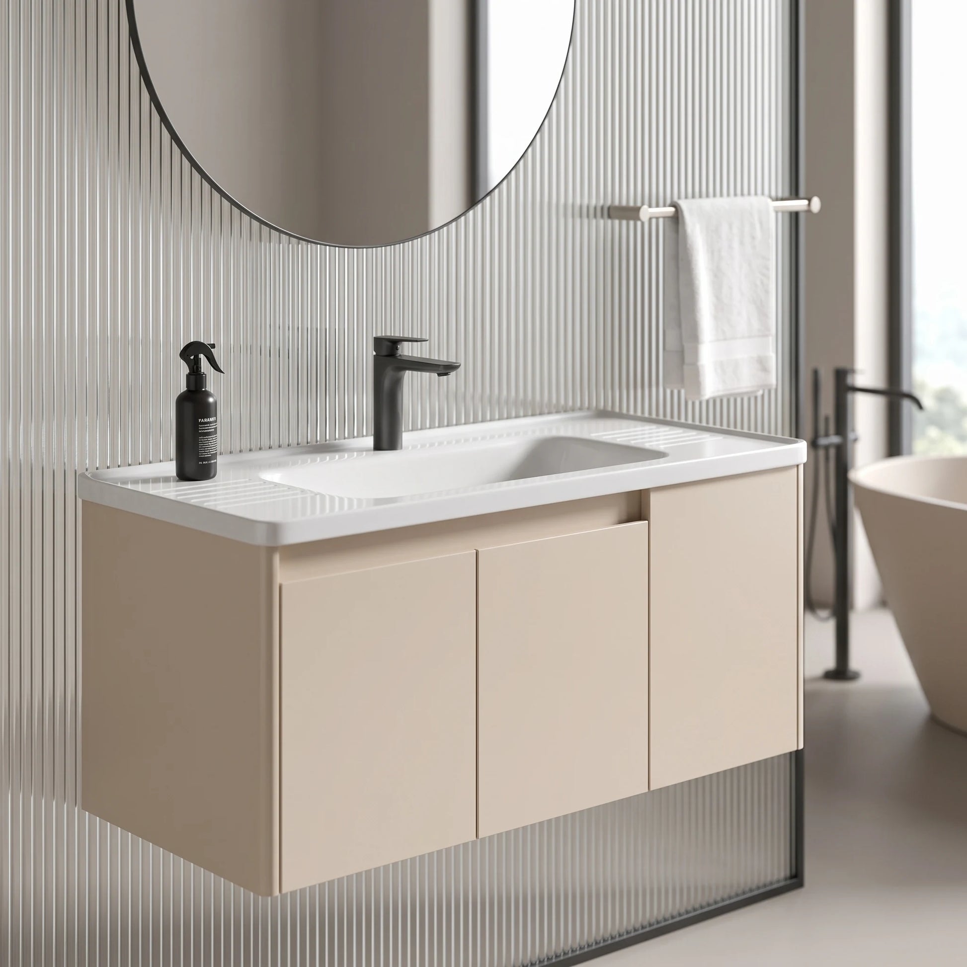 Carbon Steel Basin Cabinet Set in a room setting