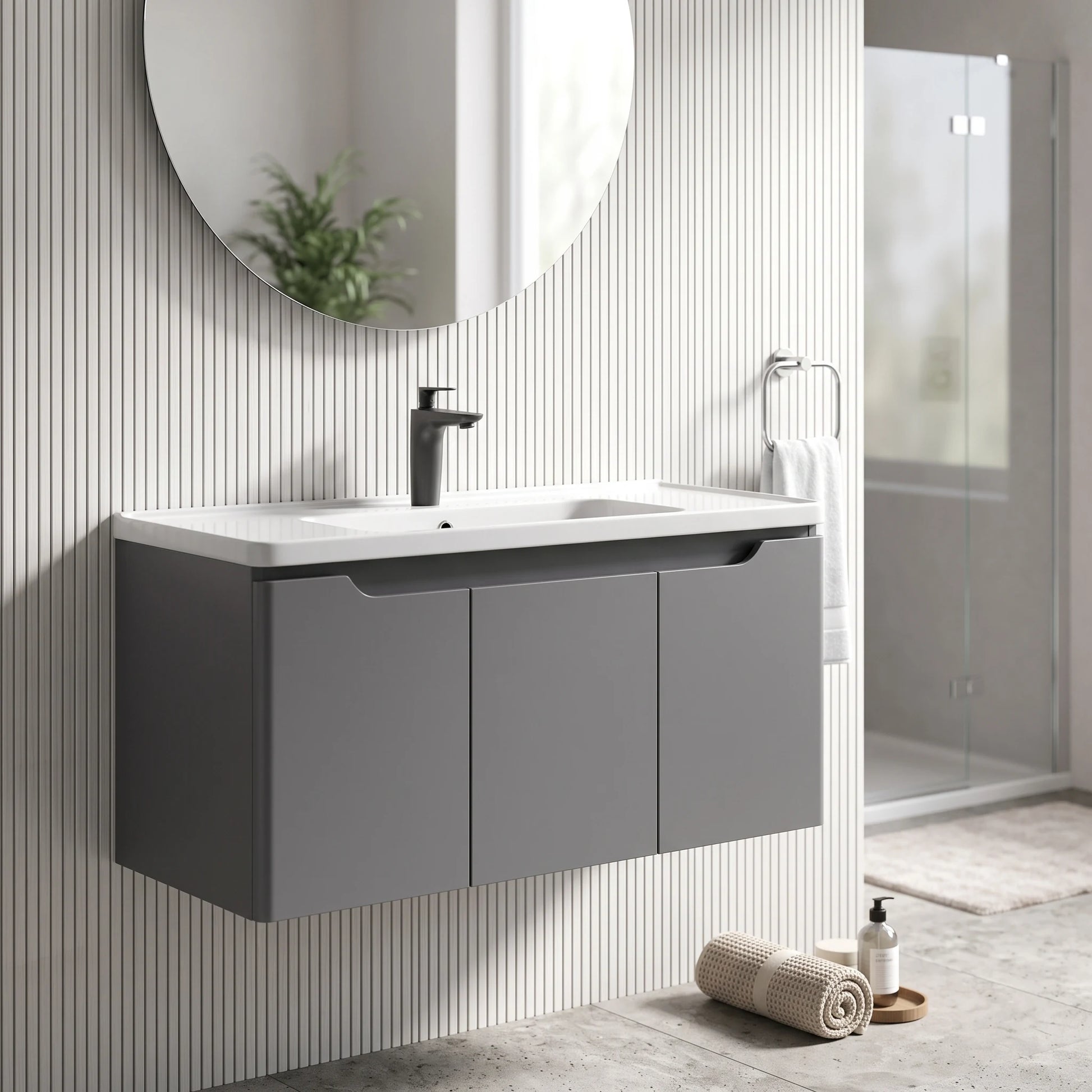 Carbon Steel Basin Cabinet Set in a room setting