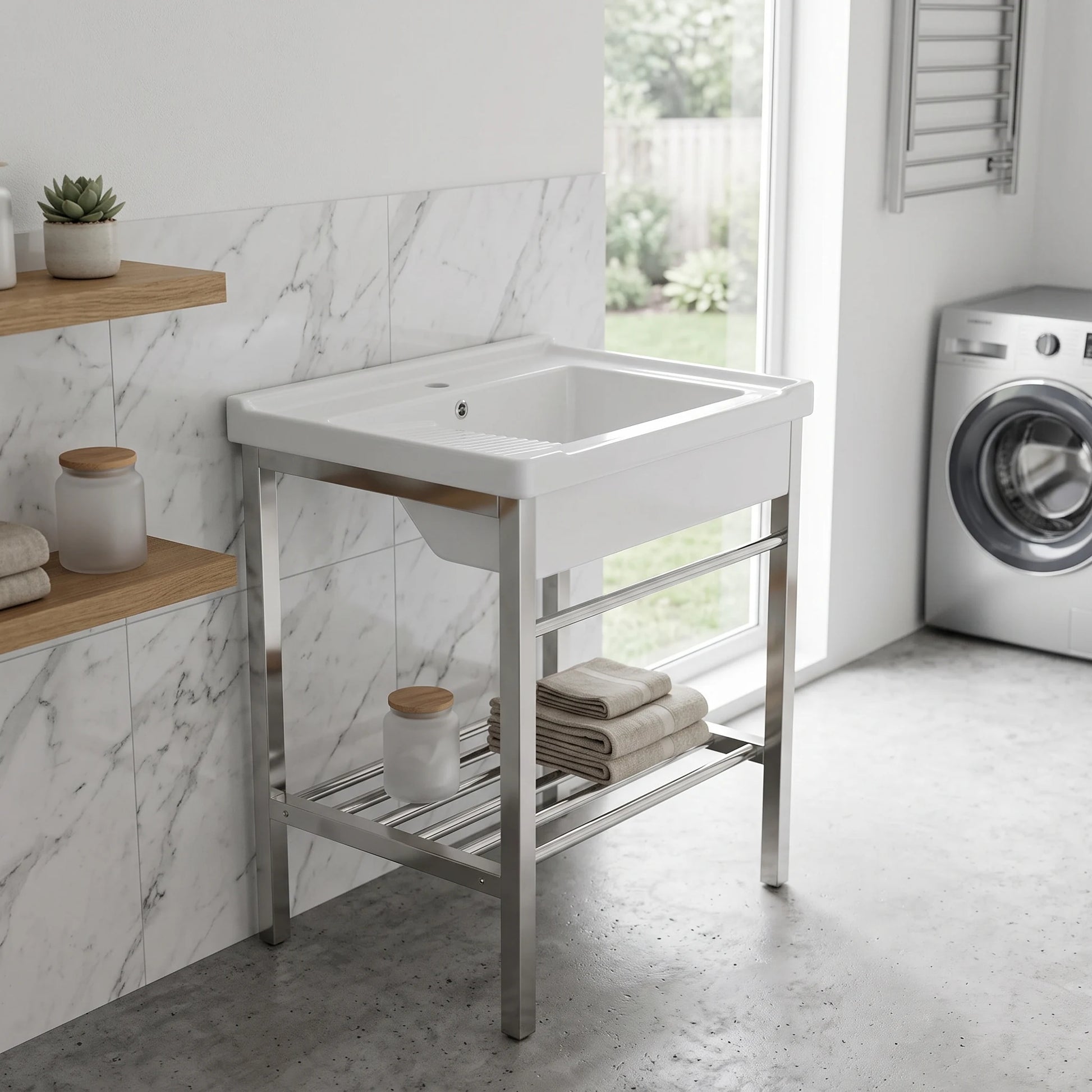 Laundry Basin c/w Stainless Steel Rack Complete Set in a room setting