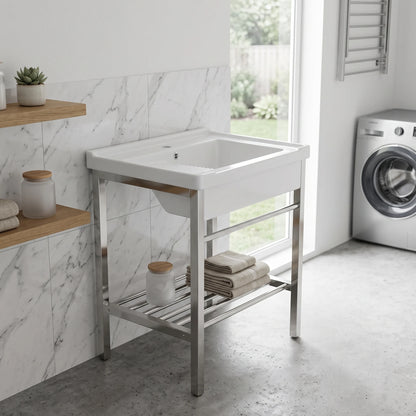 Laundry Basin c/w Stainless Steel Rack Complete Set in a room setting