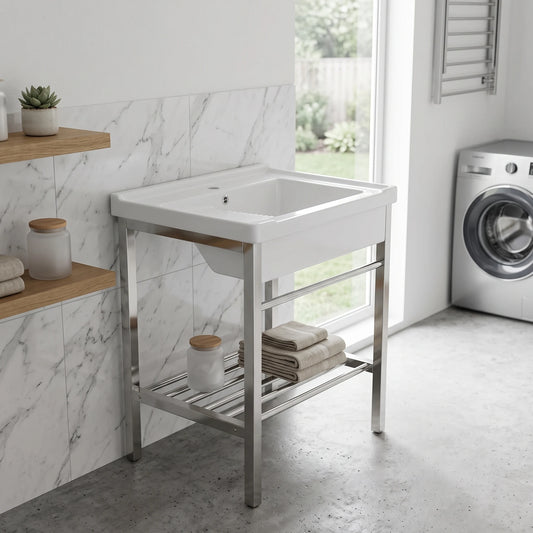 Laundry Basin c/w Stainless Steel Rack Complete Set in a room setting