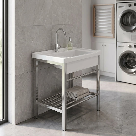 Laundry Basin c/w Stainless Steel Rack Complete Set in a room setting