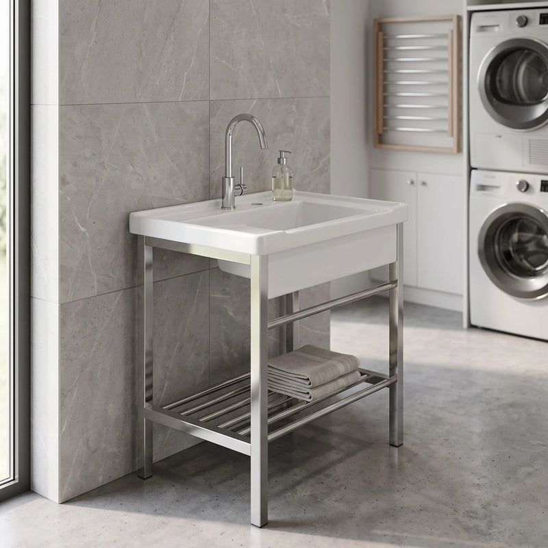 Laundry Basin c/w Stainless Steel Rack Complete Set in a room setting