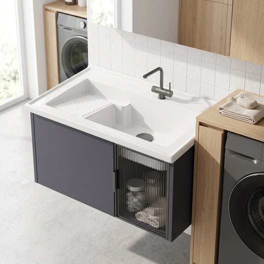 Stainless Steel Laundry Basin Cabinet Set in a room setting
