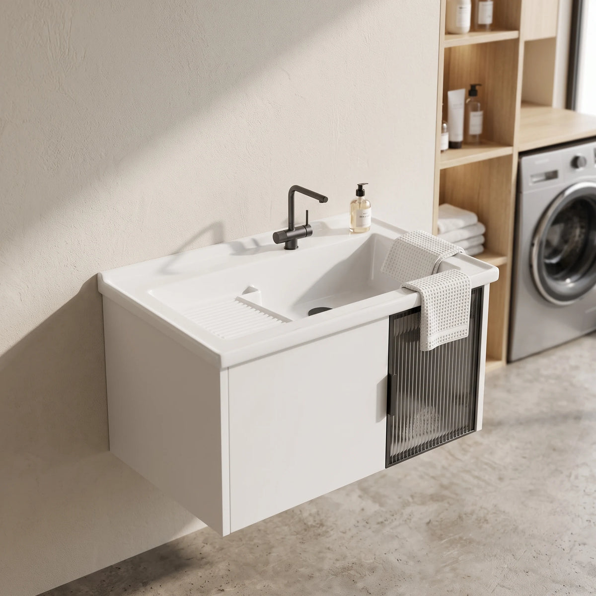 Stainless Steel Laundry Basin Cabinet Set in a room setting
