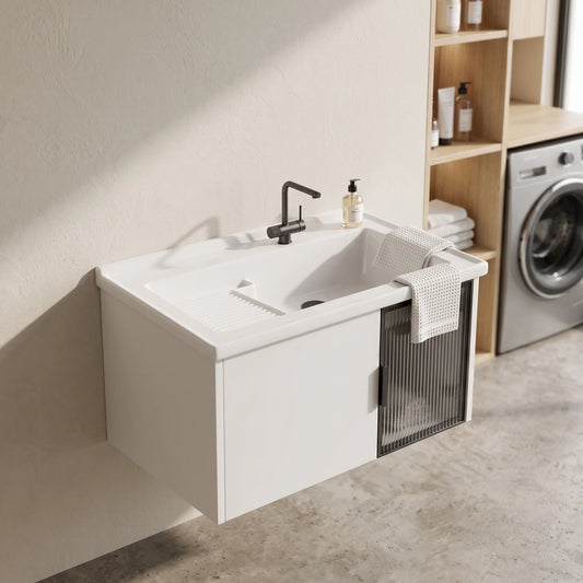 Stainless Steel Laundry Basin Cabinet Set in a room setting