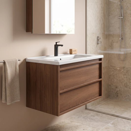 Solid Wood Basin Cabinet Set in a room setting