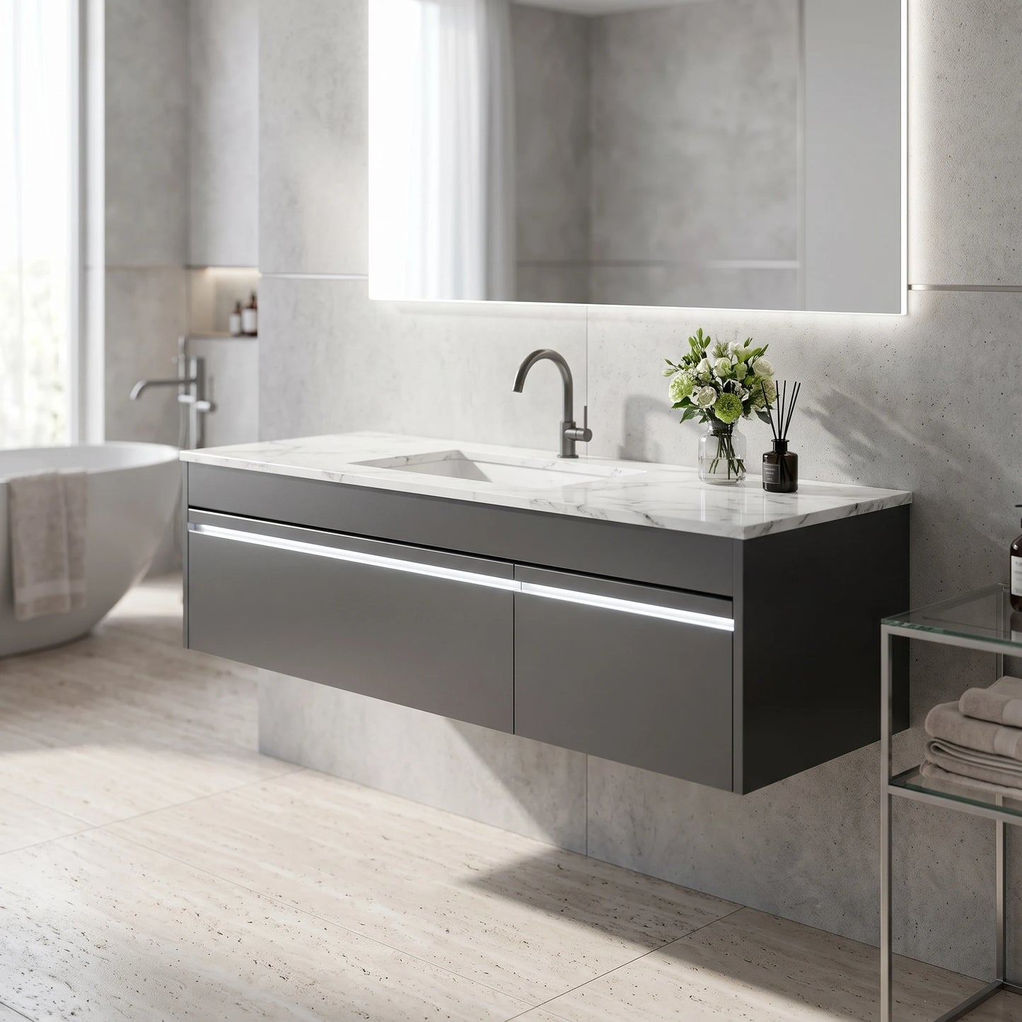 Stainless Steel Main Basin Cabinet Set in a room setting