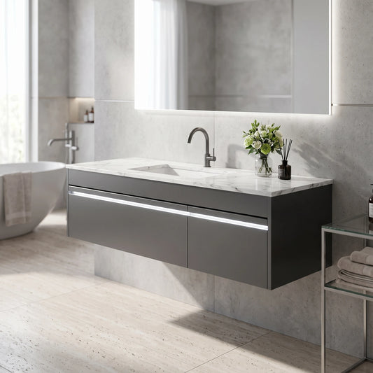 Stainless Steel Main Basin Cabinet Set in a room setting