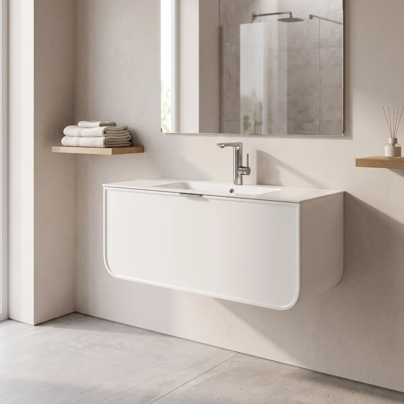 Plywood Cabinet with Artificial Stone Basin - Matt White in a room setting