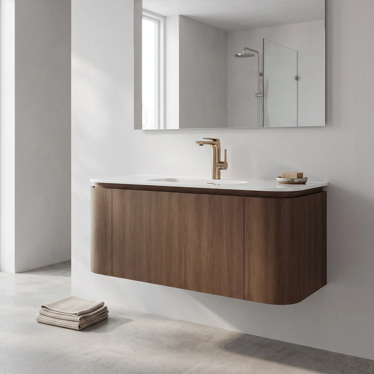 Plywood Cabinet with Ceramic Basin in a room setting