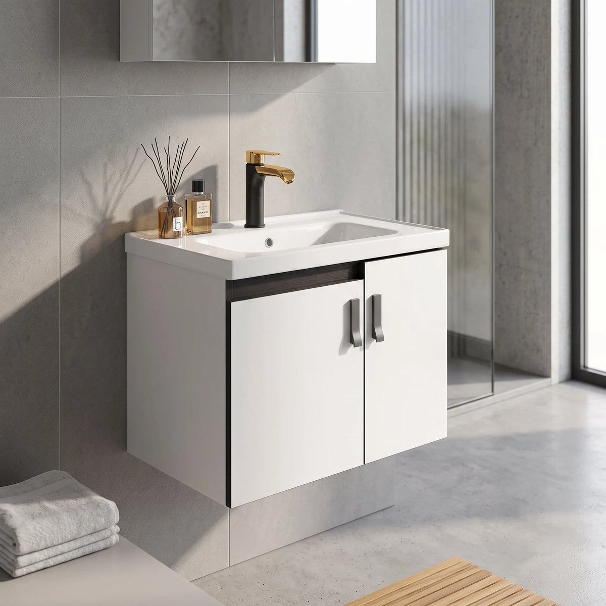 Aluminium Main Basin Cabinet Set in a room setting
