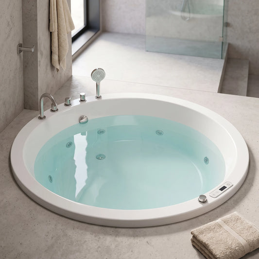 Build In Round Bathtub c/w Waste - White in a room setting