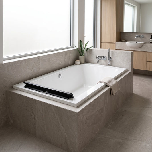Build In Bathtub c/w Waste and 2 Pillows - White in a room setting