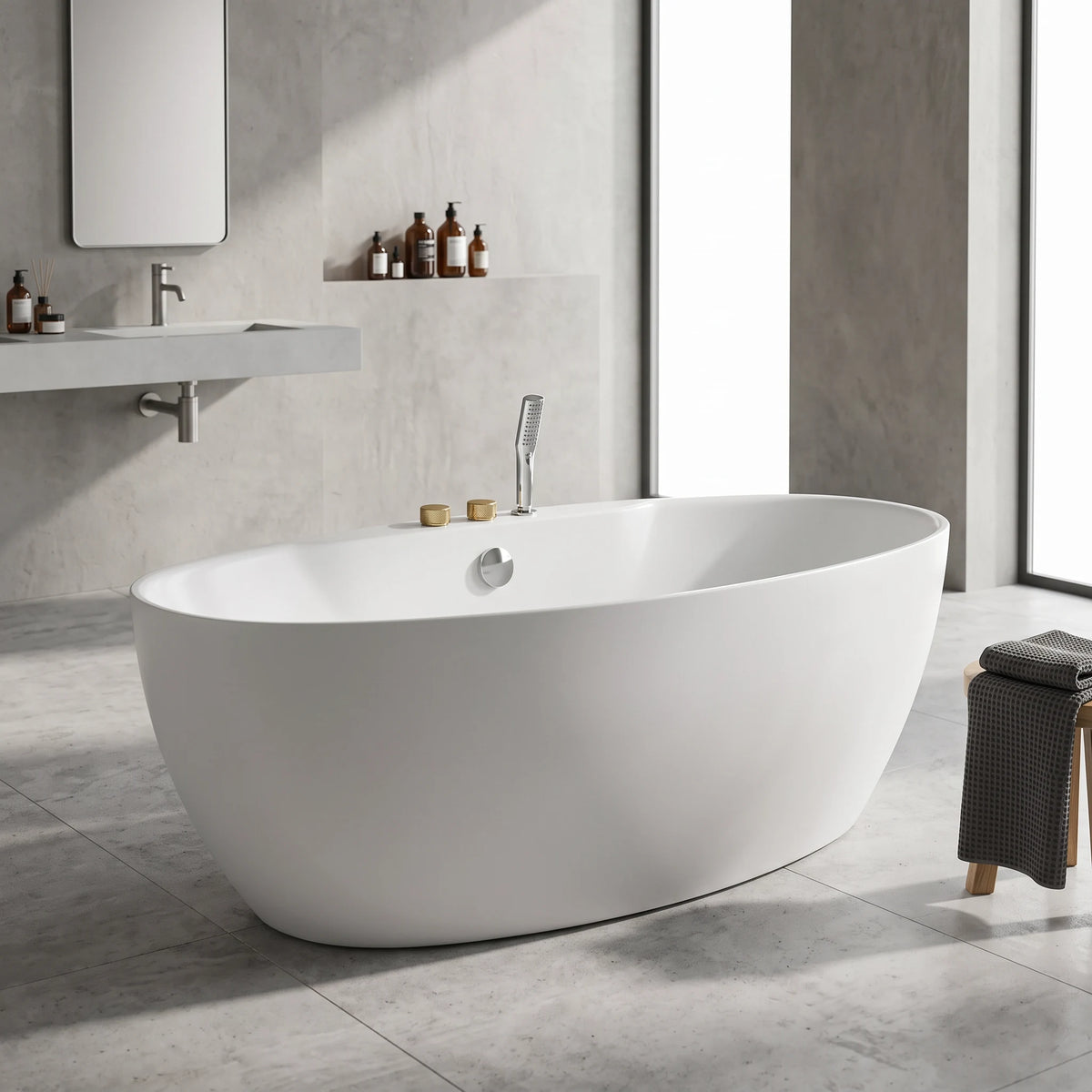 Free Standing Bathtub c/w Faucet Set and Waste - White in a room setting