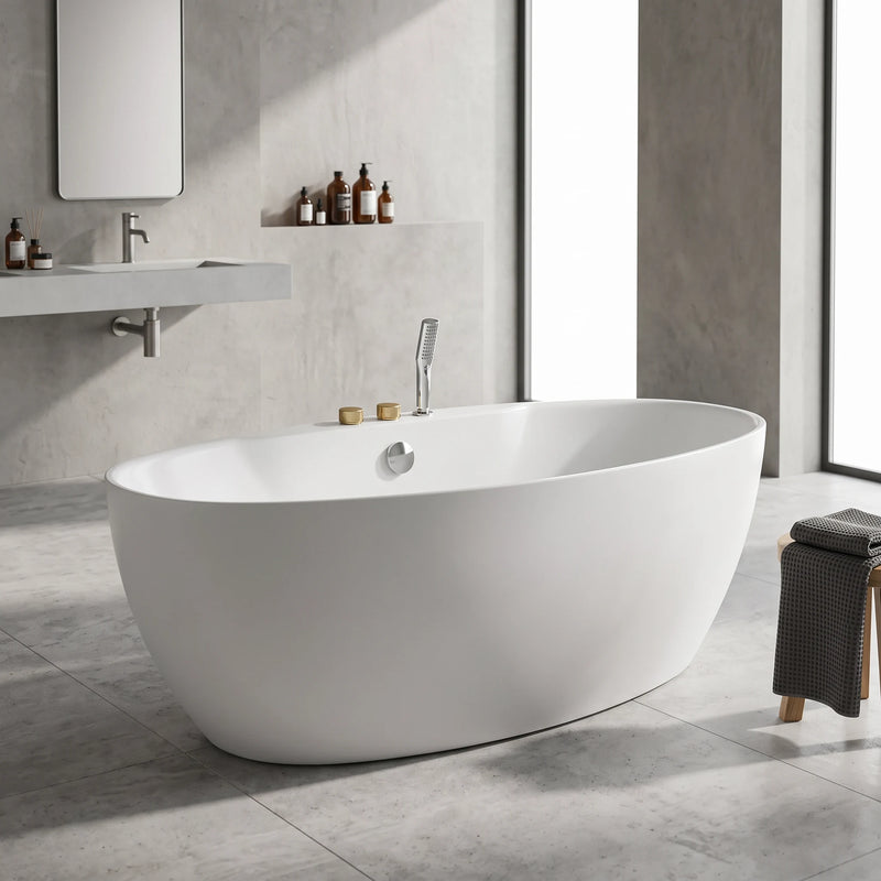Free Standing Bathtub c/w Faucet Set and Waste - White in a room setting