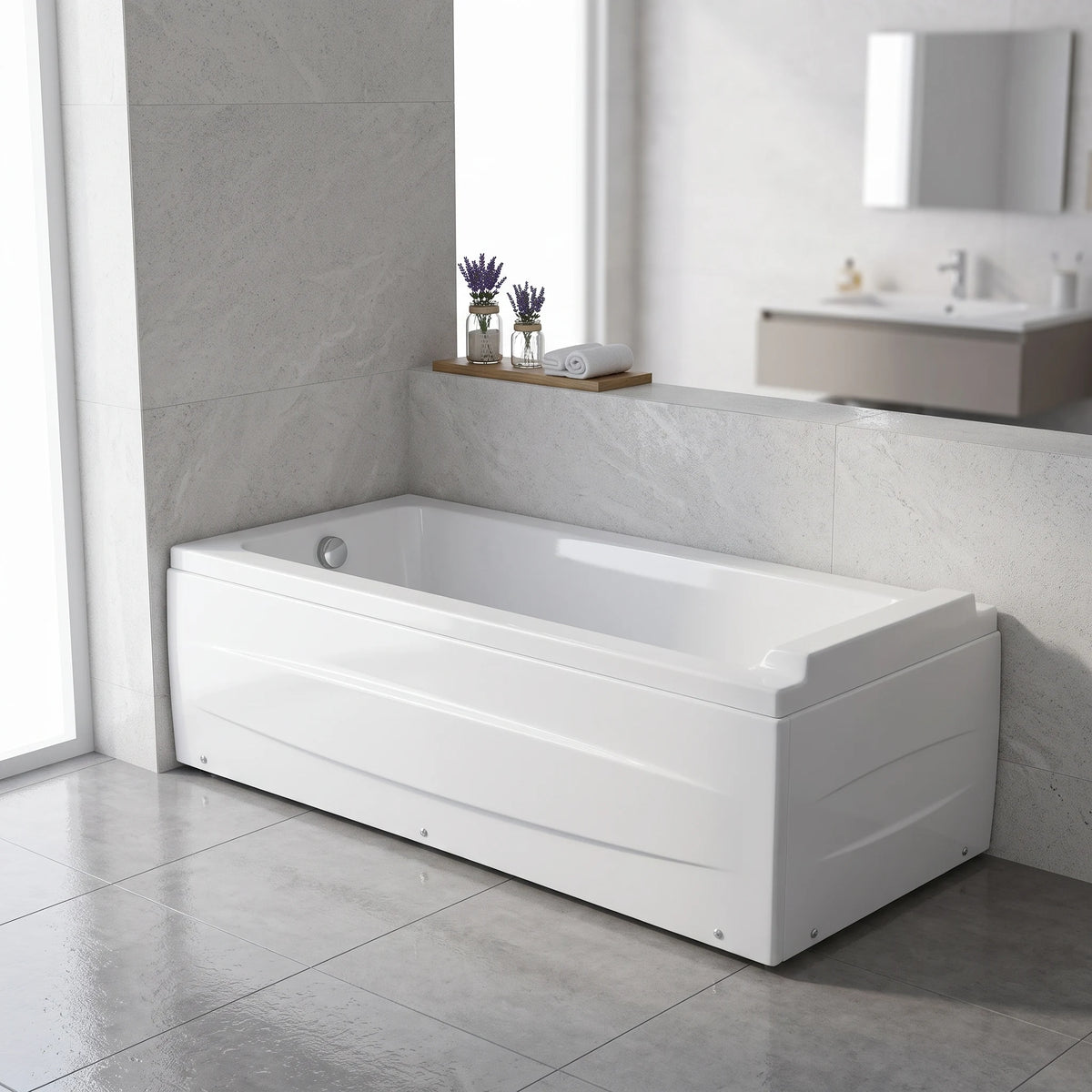 Long Bath With Panel c/w Waste - Left in a room setting