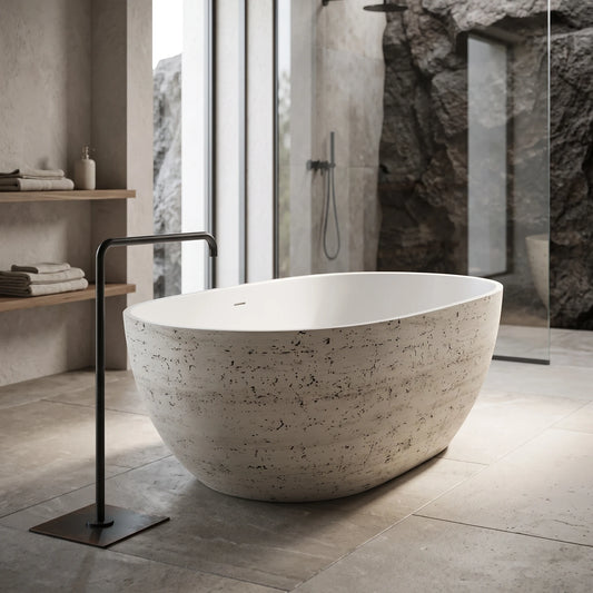 Travertine Free Standing Bathtub c/with Waste - Beige in a room setting