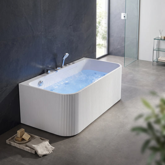 Massage Bath Tub with Faucet and Waste, with 1HP Motor, 4pcs Middle Jets, 8pcs Small Jets, 1meter Waterfall with 8pcs Led Light - White in a room setting