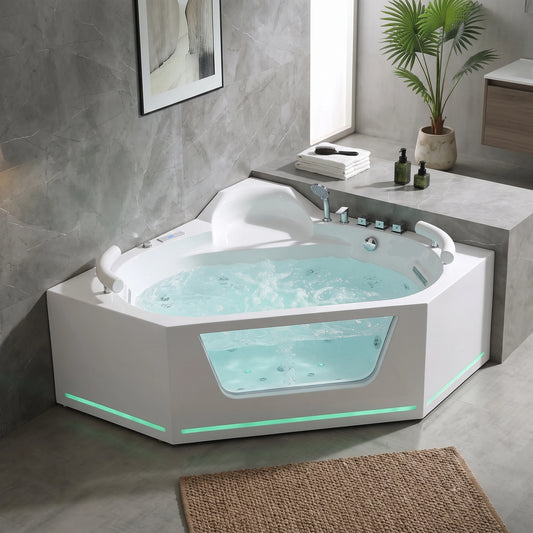 Corner Massage Bath Tub with faucet and waste c/w 12 pcs middle jets, 6 pcs small jets and 12pcs air jets in a room setting