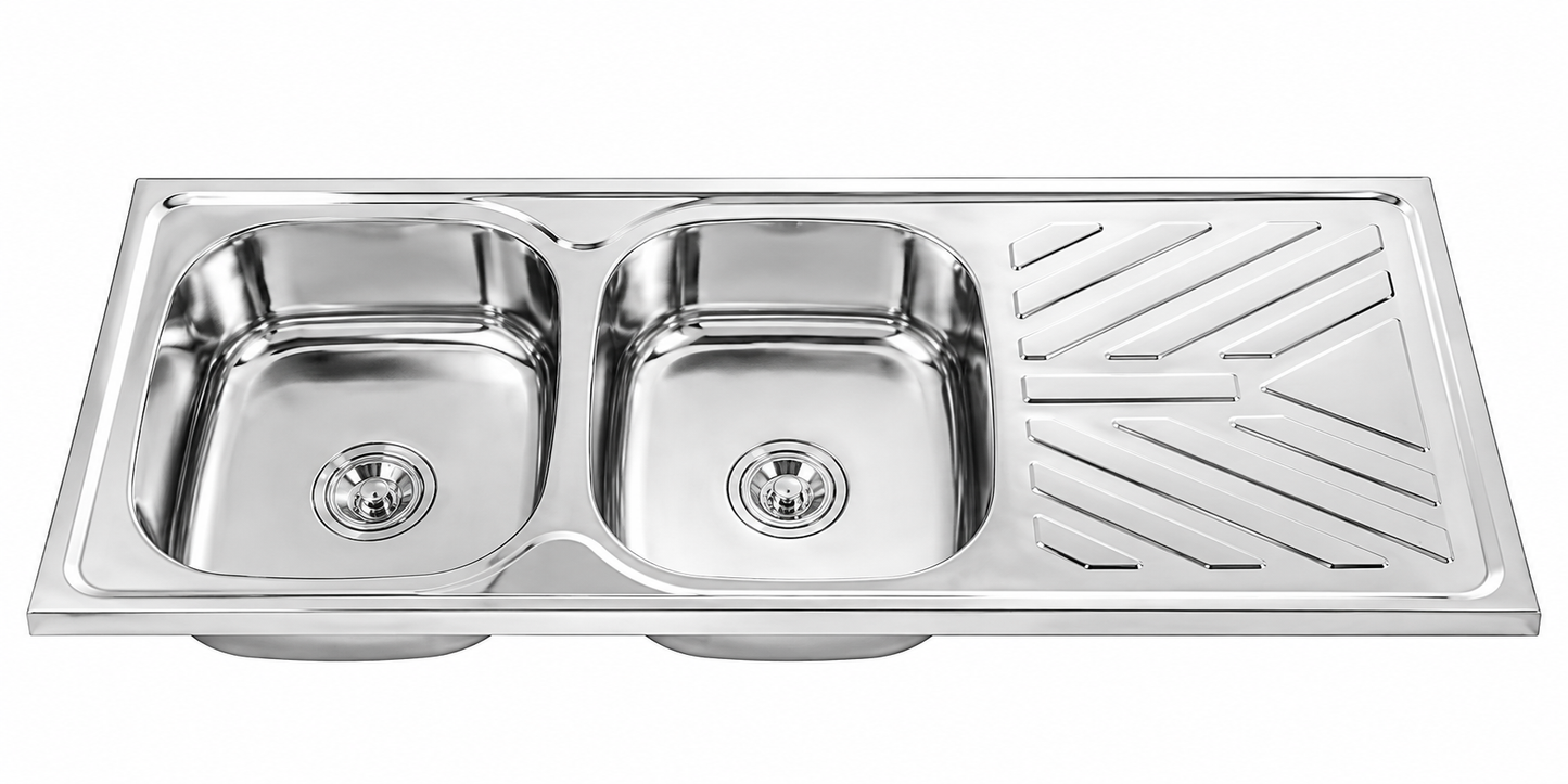 SUS202 Double Bowl Sink With Drainer - Polish