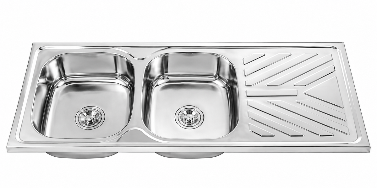 SUS202 Double Bowl Sink With Drainer - Polish