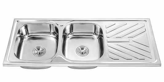 SUS202 Double Bowl Sink With Drainer - Polish