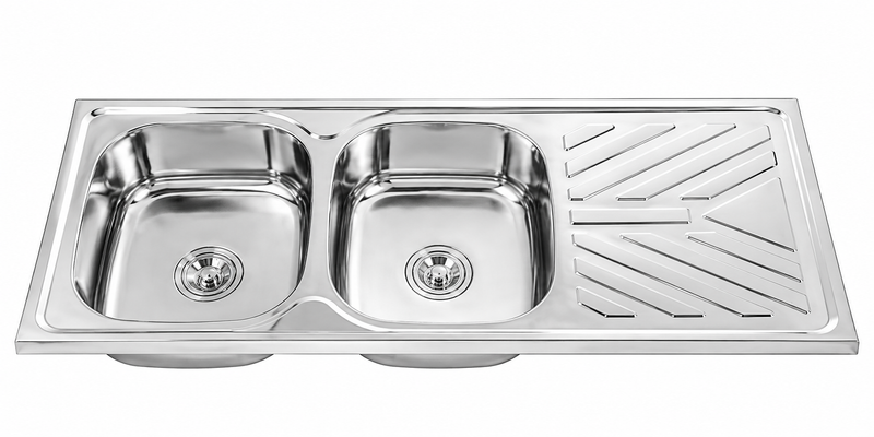 SUS202 Double Bowl Sink With Drainer - Polish