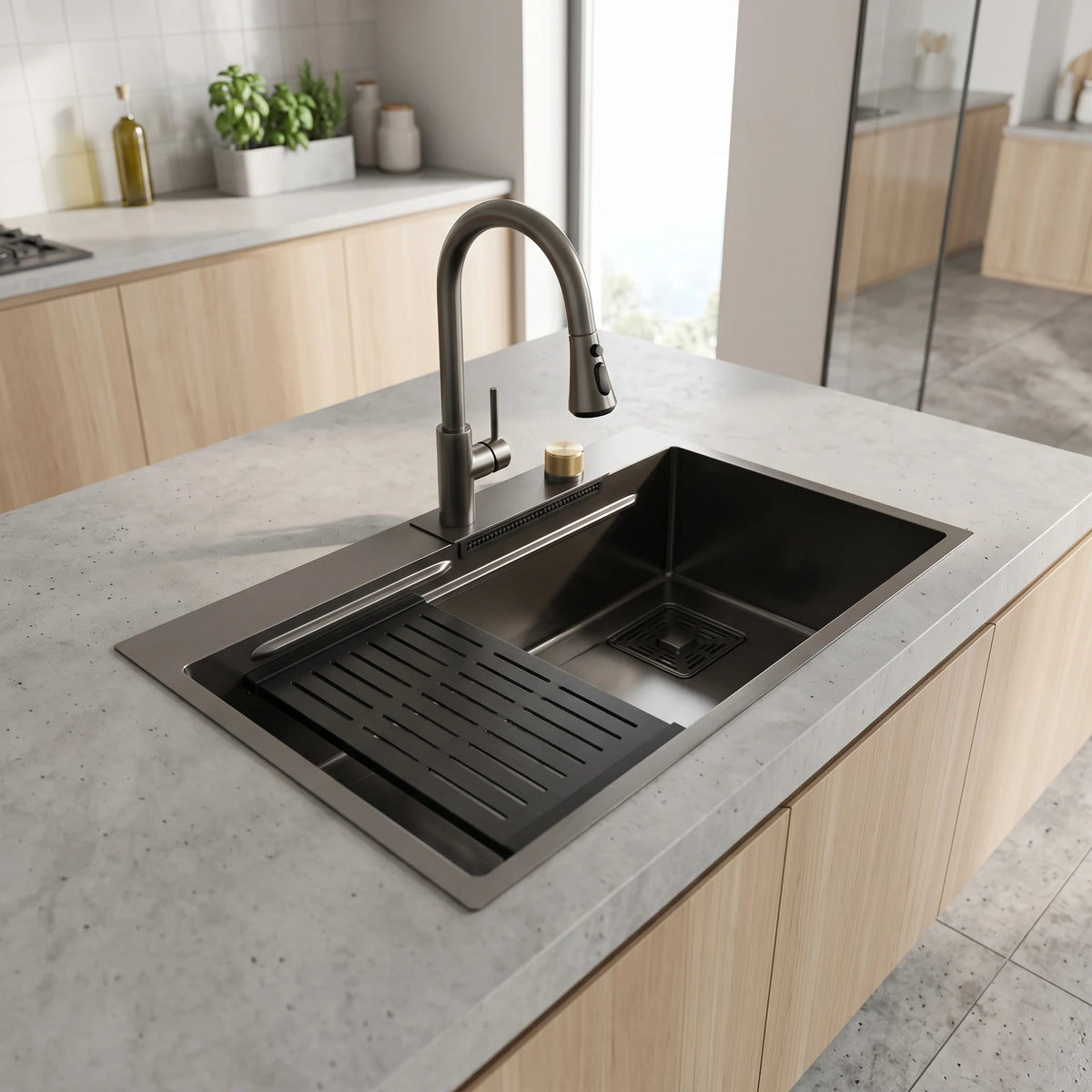 SUS304 Single Bowl Mini Nano Kitchen Sink c/w Tray, Basket and Chopping Board - Mini Black in a room setting