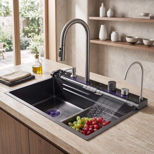 SUS304 Single Bowl Mini Nano Kitchen Sink c/w Tray, Basket and Chopping Board - Mini Black in a room setting