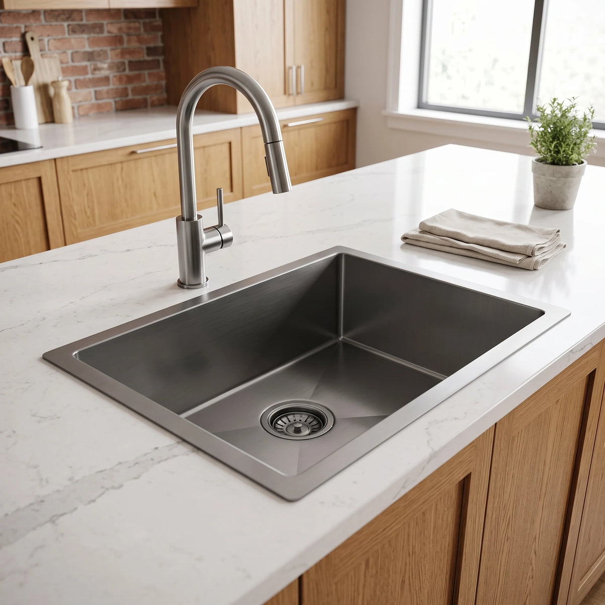 SUS304 Single Bowl Mini Nano Kitchen Sink c/w roll up rack & basket - Satin in a room setting