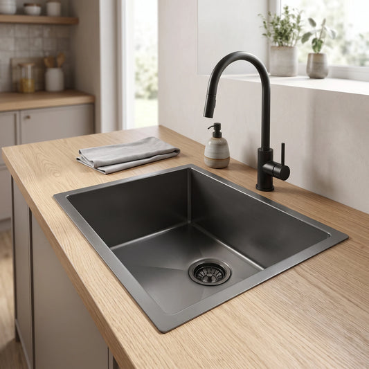 SUS304 Single Bowl Mini Nano Kitchen Sink c/w roll up rack & basket - Nano Black in a room setting