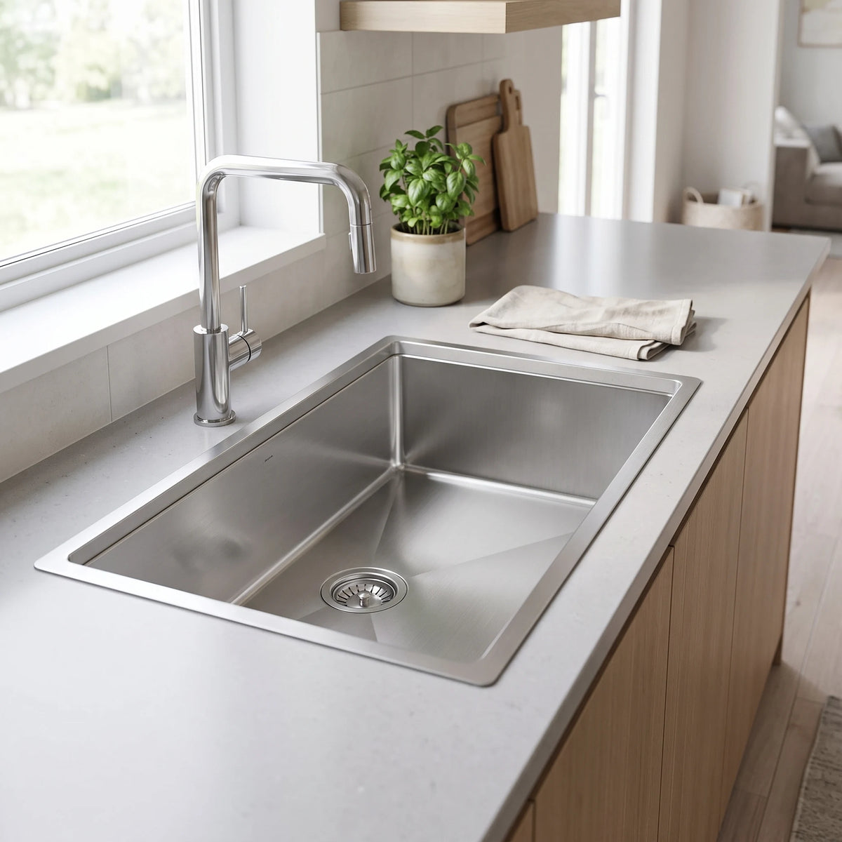 SUS304 Single Bowl Mini Nano Kitchen Sink c/w roll up rack & basket - Satin in a room setting