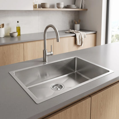 SUS304 Single Bowl Mini Nano Kitchen Sink c/w Roll Up Rack & Basket - Satin in a room setting