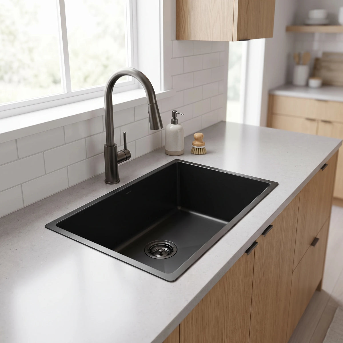 SUS304 Single Bowl Mini Nano Kitchen Sink c/w Roll Up Rack & Basket - Nano Black in a room setting