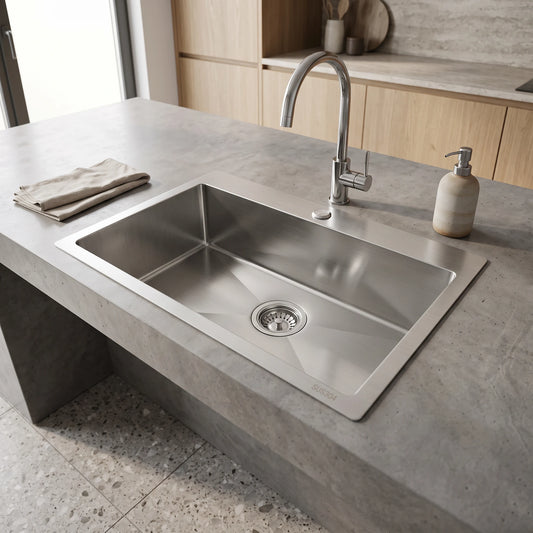 SUS304 Single Bowl Mini Nano Kitchen Sink c/w Roll Up Rack & Basket - Satin in a room setting