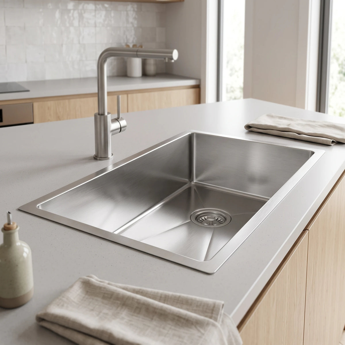 SUS304 Single Bowl Sink - Satin in a room setting