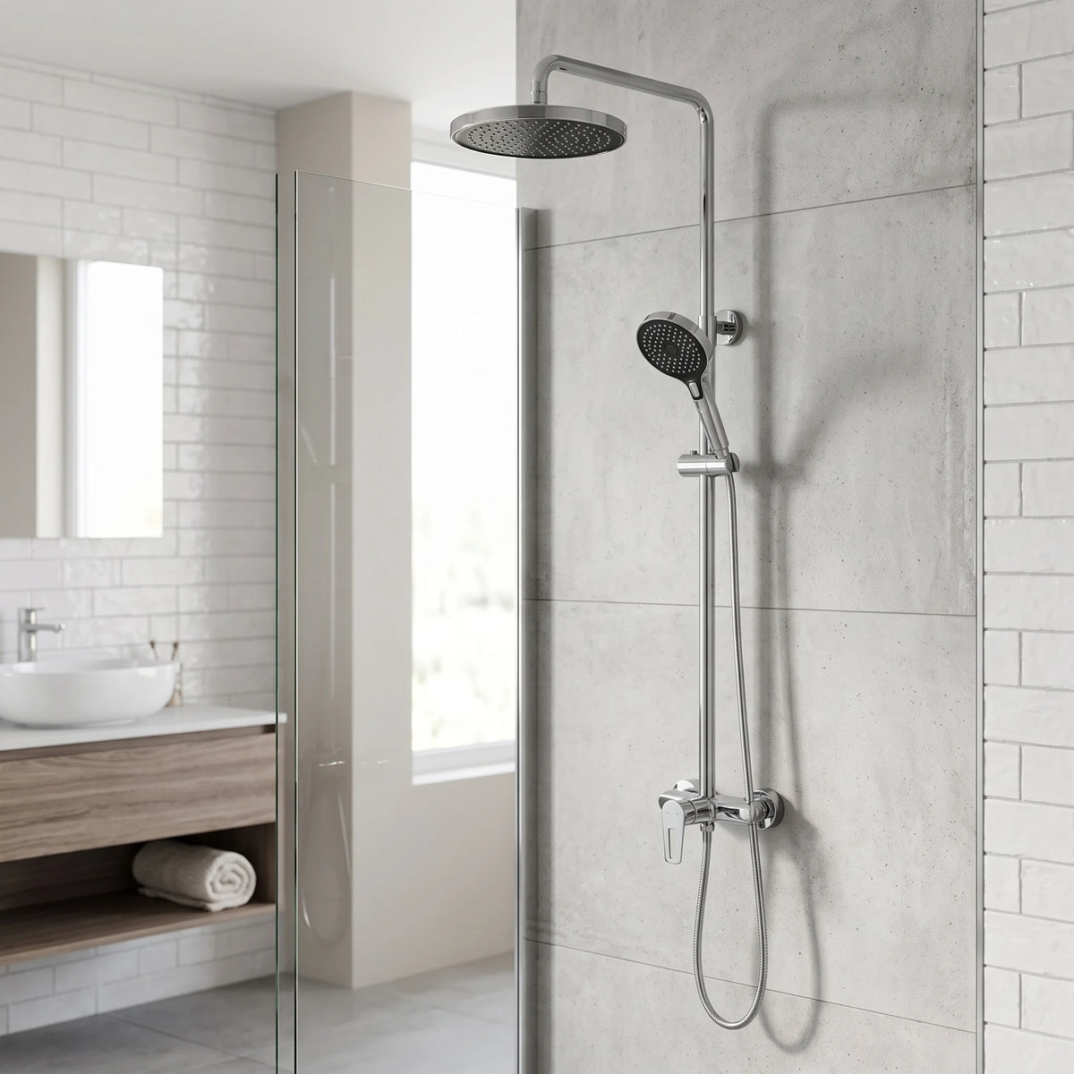 Exposed Shower Bar Set - Chrome in a room setting