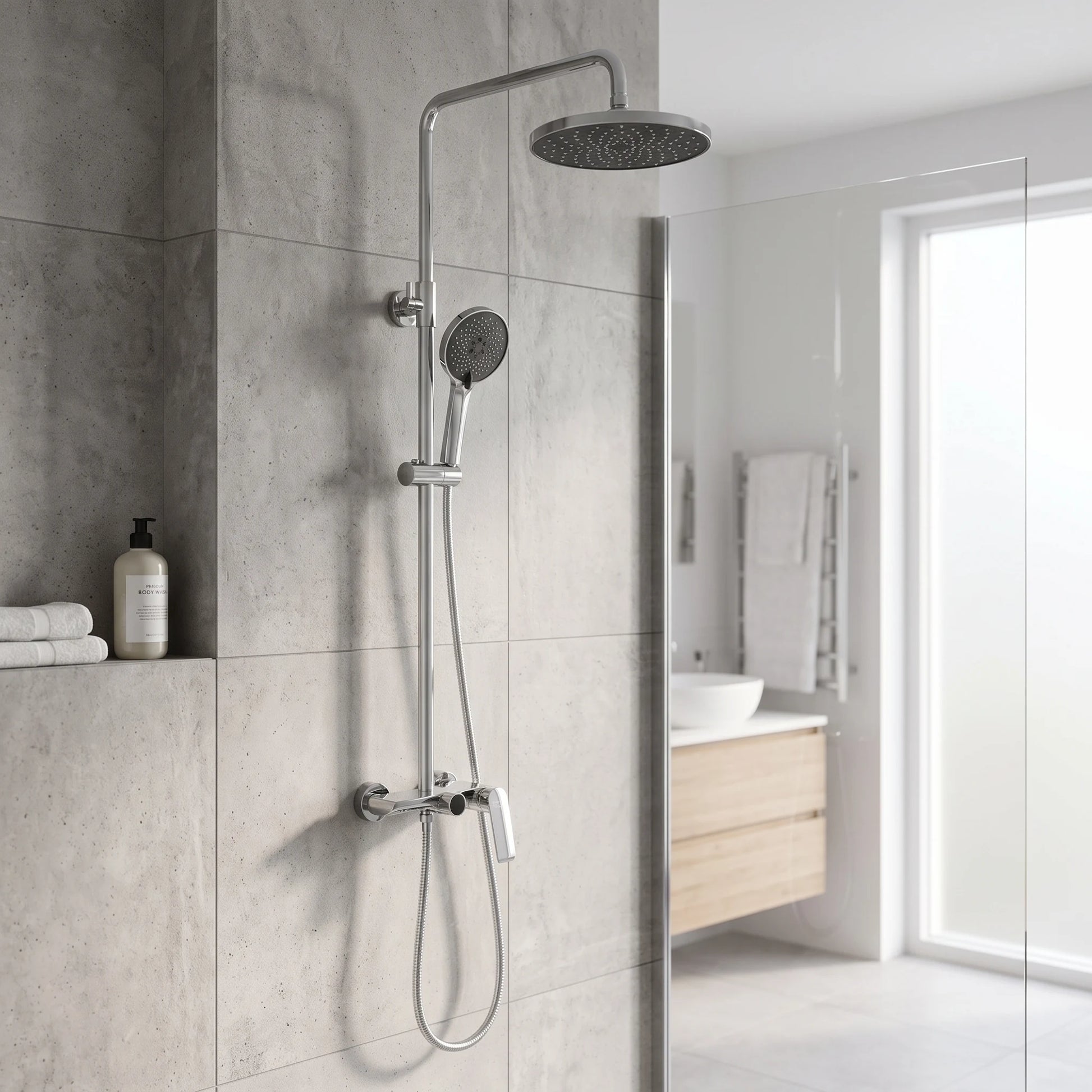Exposed Shower Bar Set - Matt Gold in a room setting