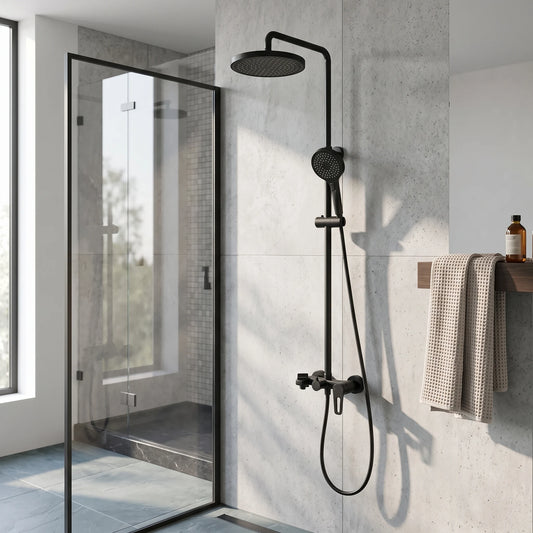 Exposed Shower Bar Set - Matt Black in a room setting