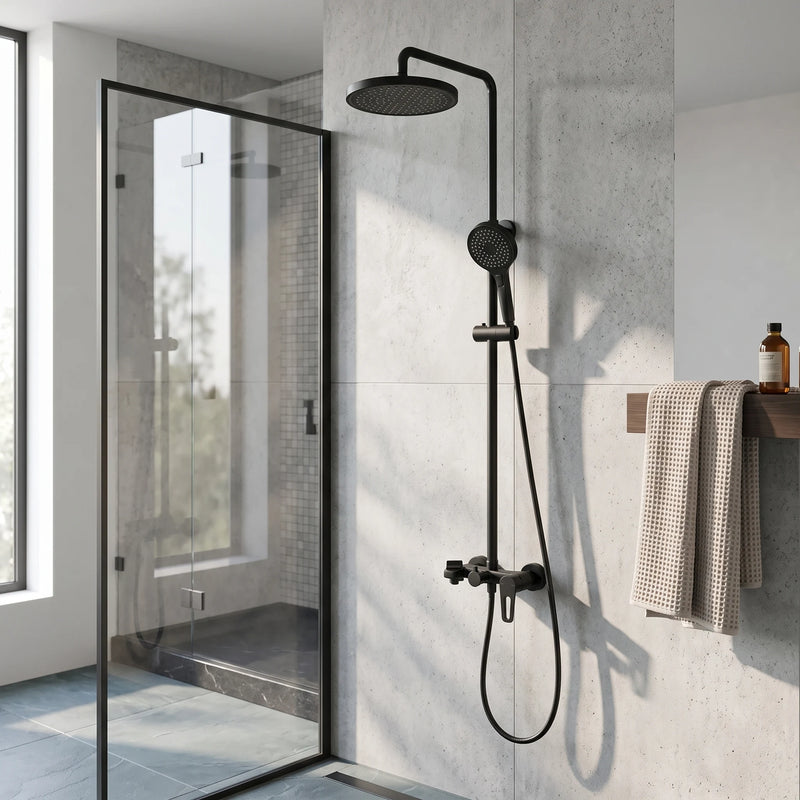 Exposed Shower Bar Set - Matt Black in a room setting