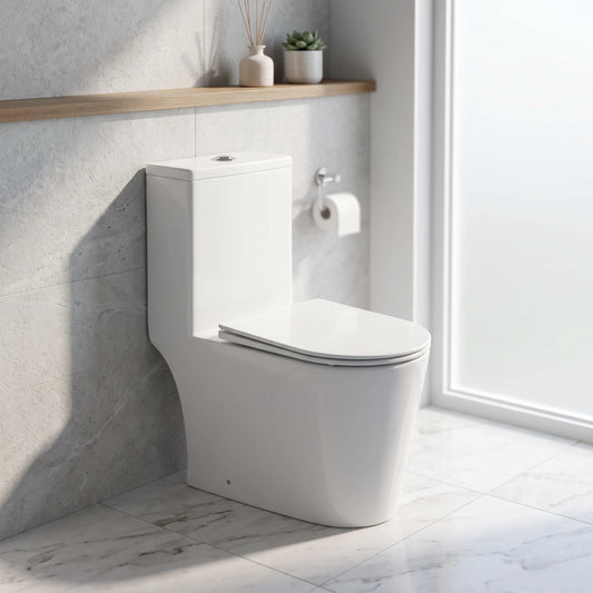 AQUA Washdown Spinning Flush WC Complete Set c/w UF Seat Cover (S-250mm) - White in a room setting
