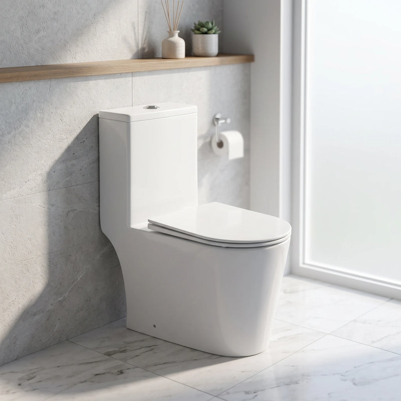 AQUA Washdown Spinning Flush WC Complete Set c/w UF Seat Cover (S-250mm) - White in a room setting