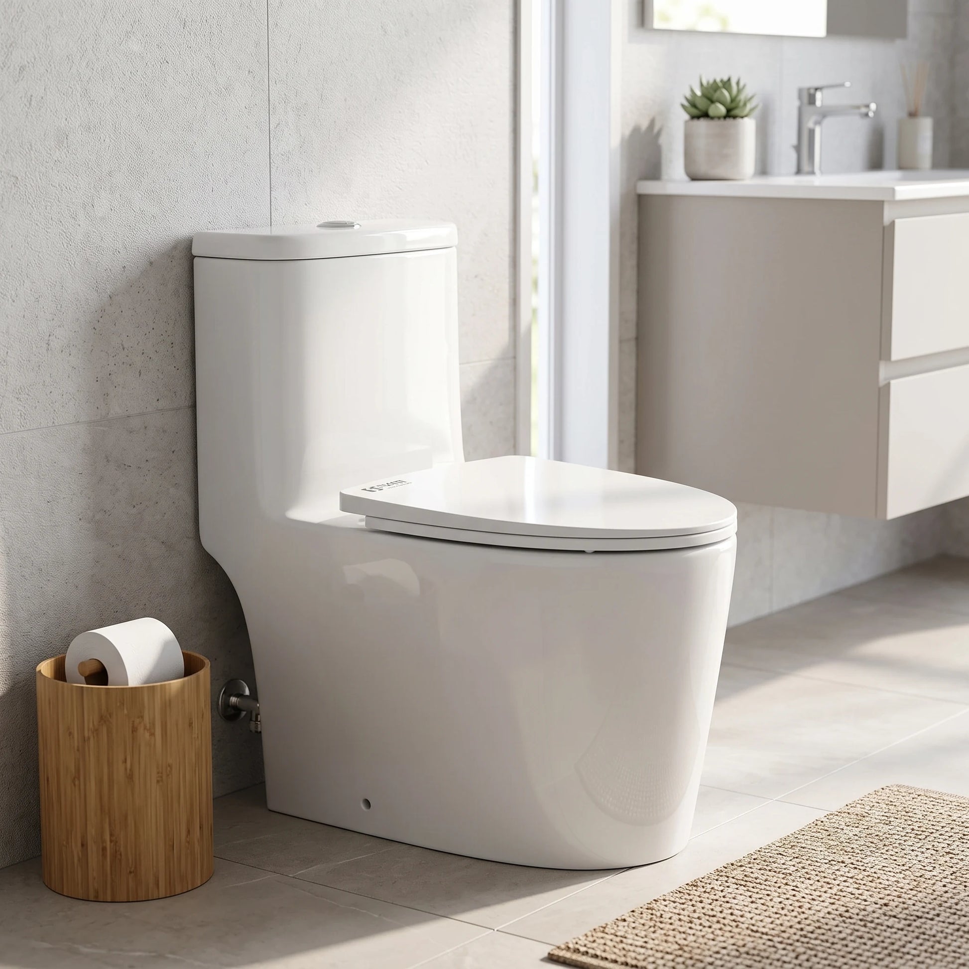 VITI Washdown Spinning Flush WC Complete Set with UF Seat Cover and P to S Connector (S-150mm) - White in a room setting