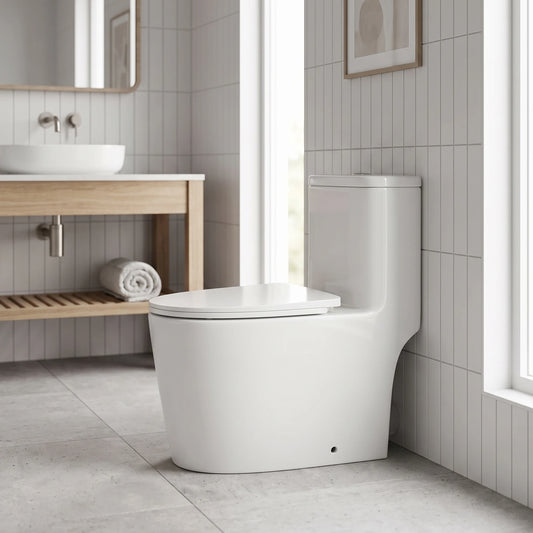 VITI Washdown Spinning Flush WC Complete Set with UF Seat Cover and P to S Connector (S-150mm) - White in a room setting