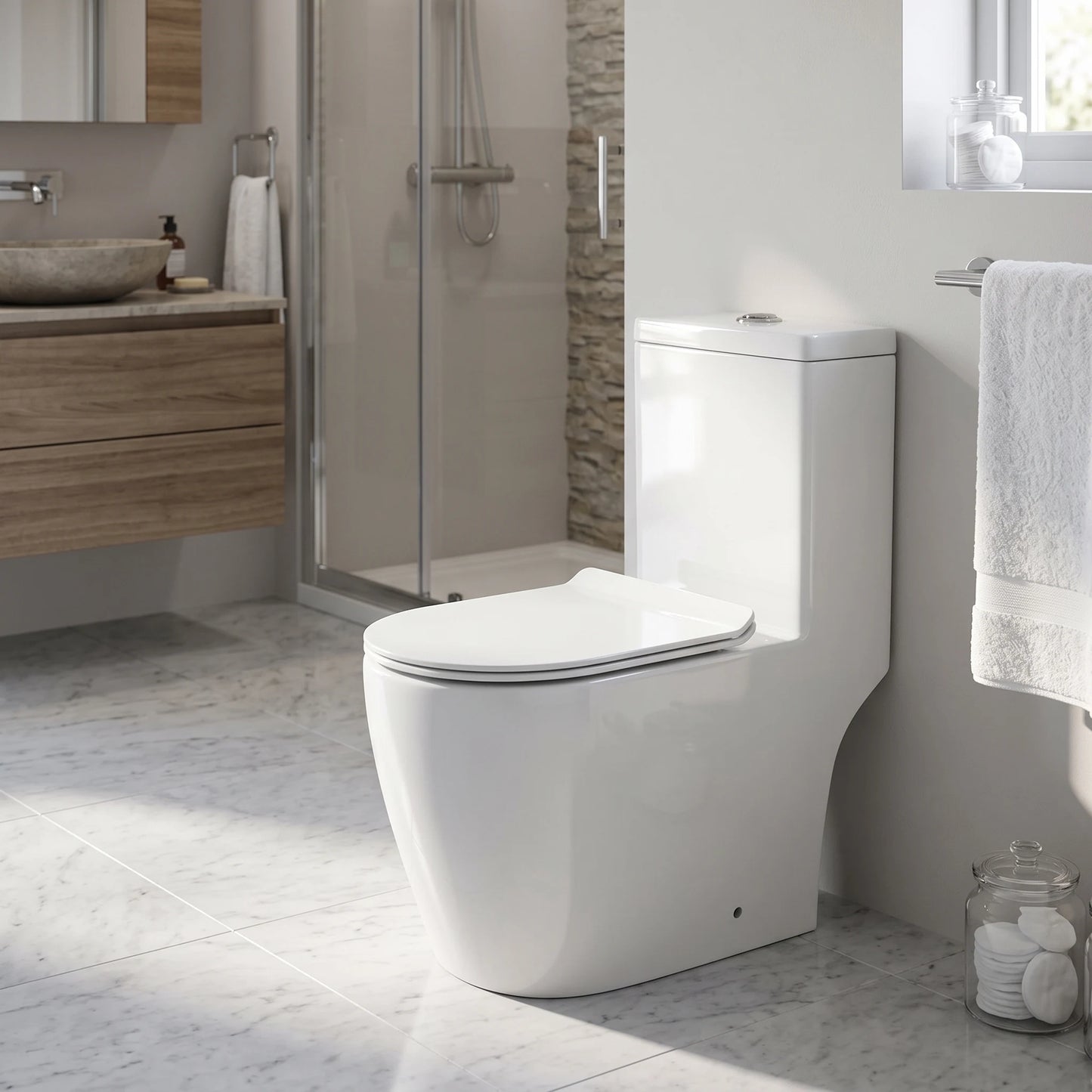 VIZION Washdown Spinning Flush WC Complete Set with UF Seat Cover and P to S Connector (S-150mm) - White in a room setting