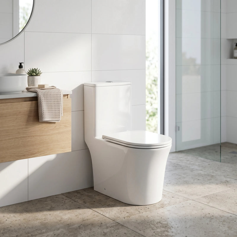 GLENZA Washdown Spinning Flush WC Complete Set c/w UF Seat Cover (S-250mm) - White in a room setting