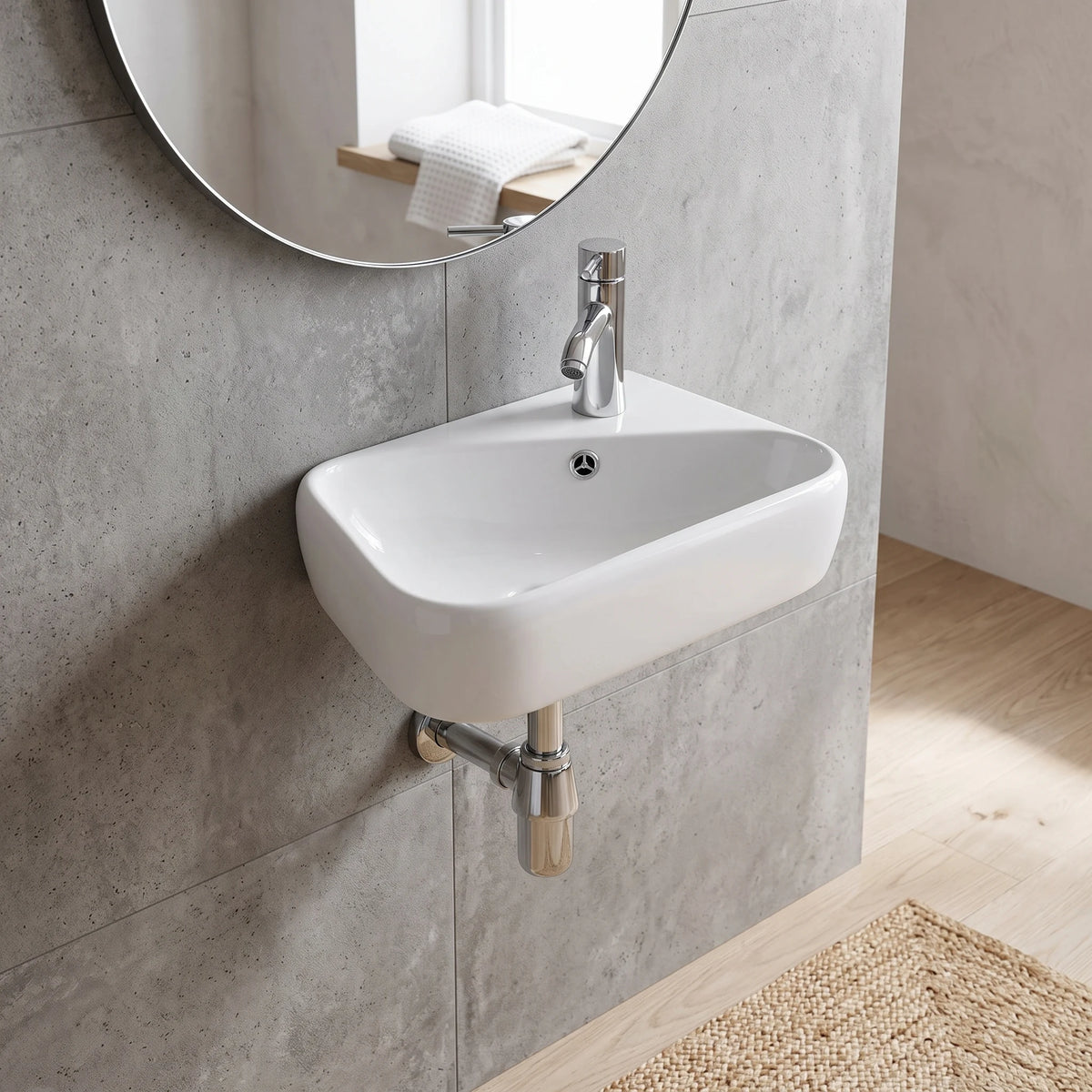 LYDIA Wall Hung Wash Basin c/w Fixing Bolts - White in a room setting
